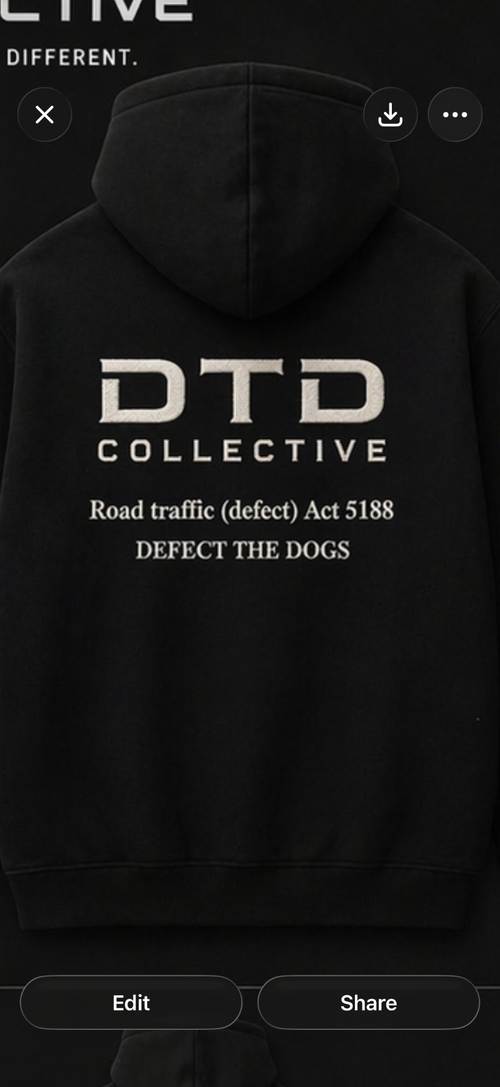 DTD Collective hoodie — back — Road traffic (defect) Act 5188